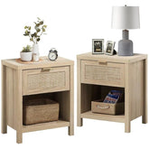 ONIJA Bedside Table with Storage Drawer, Cane Design, 40 x 30 x 40 cm, Natural Wood Finish, Brown